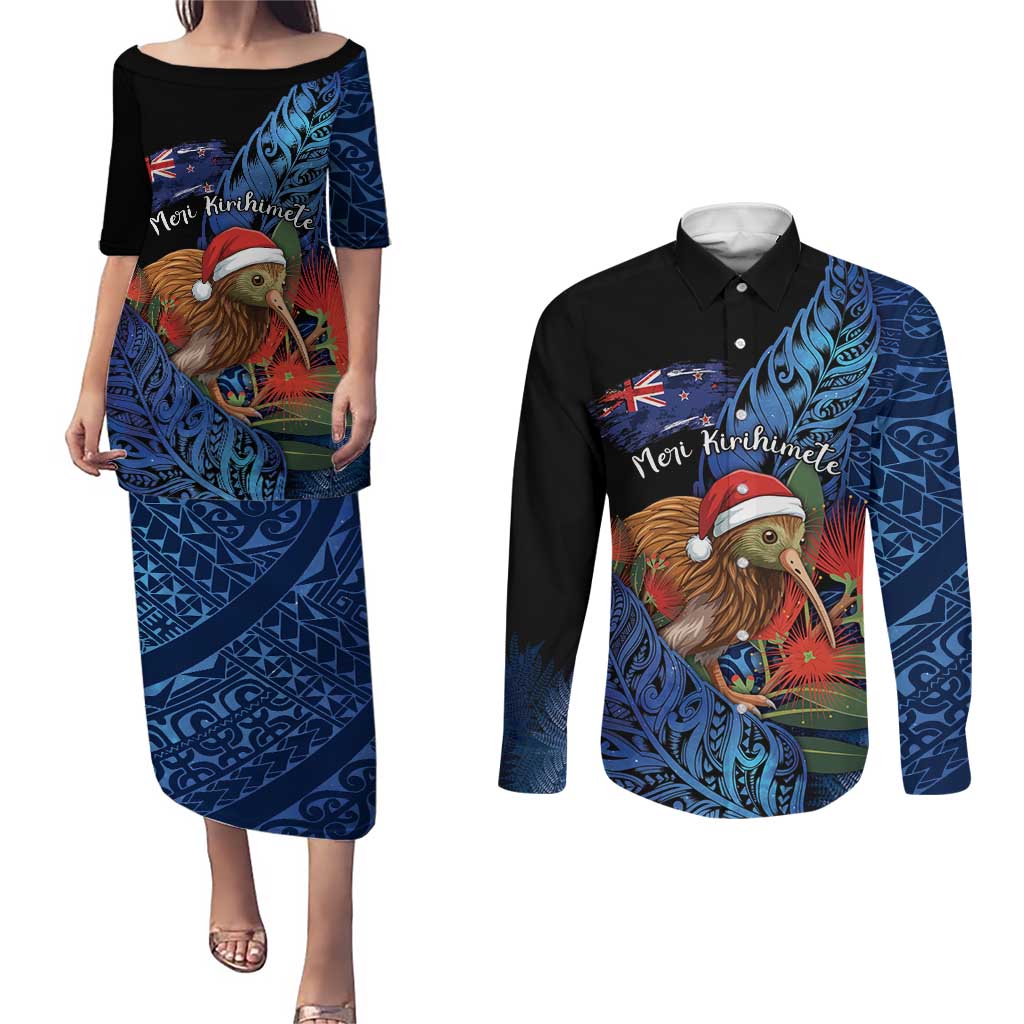 Personalised New Zealand Christmas Couples Matching Puletasi and Long Sleeve Button Shirt Santa Kiwi Bird With Pohutukawa Flowers - Polynesian Pride