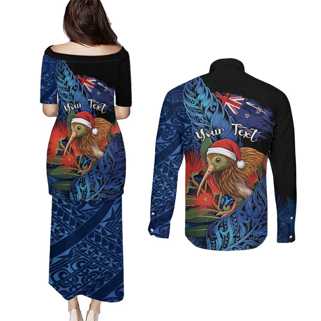 Personalised New Zealand Christmas Couples Matching Puletasi and Long Sleeve Button Shirt Santa Kiwi Bird With Pohutukawa Flowers DT05 - Polynesian Pride