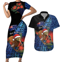 Personalised New Zealand Christmas Couples Matching Short Sleeve Bodycon Dress and Hawaiian Shirt Santa Kiwi Bird With Pohutukawa Flowers DT05 Navy - Polynesian Pride