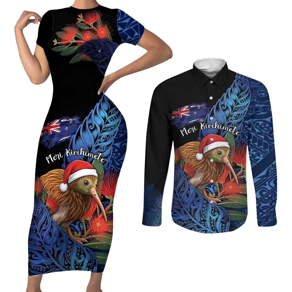 Personalised New Zealand Christmas Couples Matching Short Sleeve Bodycon Dress and Long Sleeve Button Shirt Santa Kiwi Bird With Pohutukawa Flowers DT05 Navy - Polynesian Pride