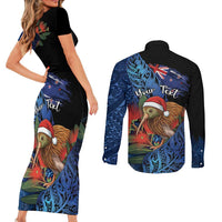 Personalised New Zealand Christmas Couples Matching Short Sleeve Bodycon Dress and Long Sleeve Button Shirt Santa Kiwi Bird With Pohutukawa Flowers DT05 - Polynesian Pride