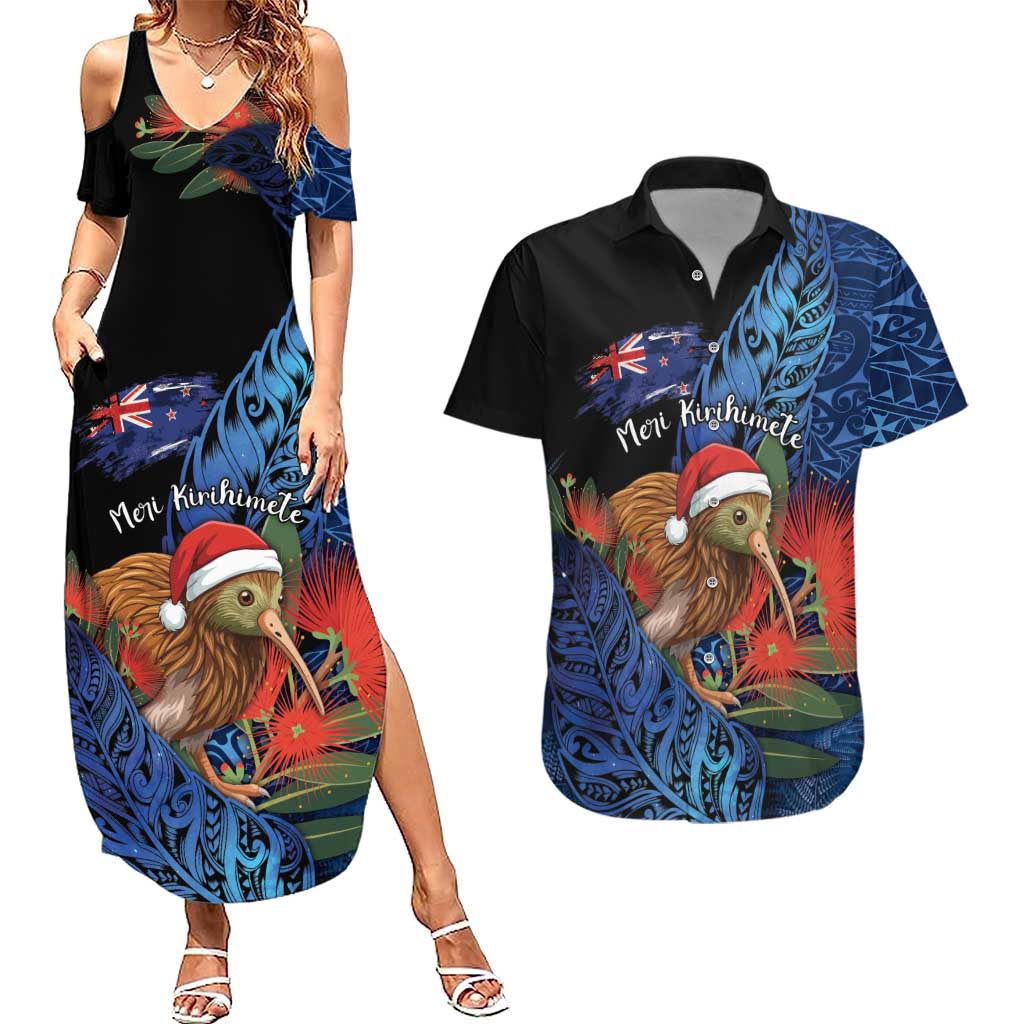 Personalised New Zealand Christmas Couples Matching Summer Maxi Dress and Hawaiian Shirt Santa Kiwi Bird With Pohutukawa Flowers DT05 Navy - Polynesian Pride