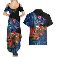 Personalised New Zealand Christmas Couples Matching Summer Maxi Dress and Hawaiian Shirt Santa Kiwi Bird With Pohutukawa Flowers DT05 - Polynesian Pride