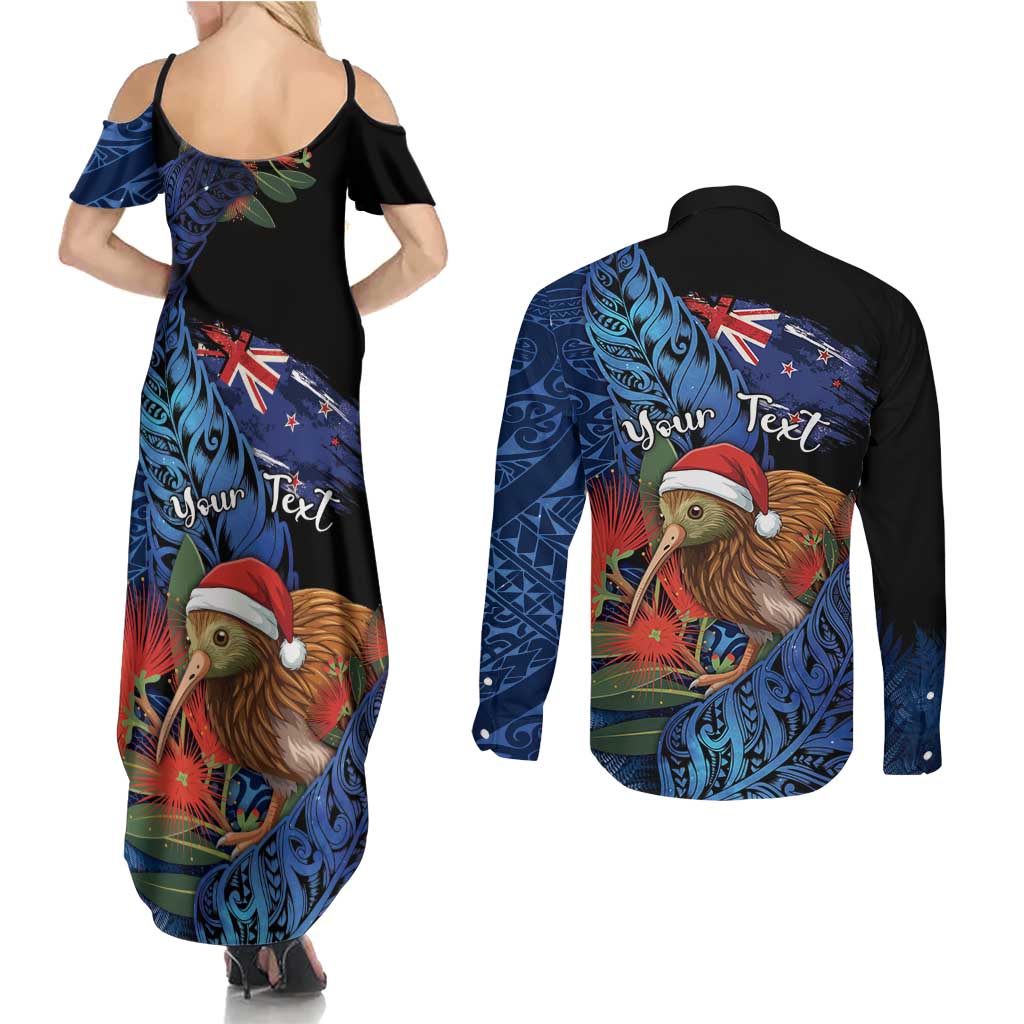 Personalised New Zealand Christmas Couples Matching Summer Maxi Dress and Long Sleeve Button Shirt Santa Kiwi Bird With Pohutukawa Flowers DT05 - Polynesian Pride