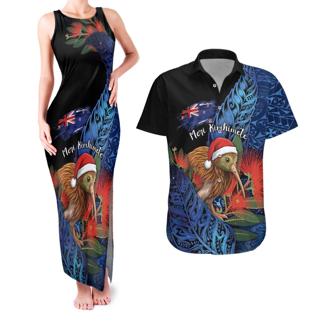Personalised New Zealand Christmas Couples Matching Tank Maxi Dress and Hawaiian Shirt Santa Kiwi Bird With Pohutukawa Flowers DT05 Navy - Polynesian Pride
