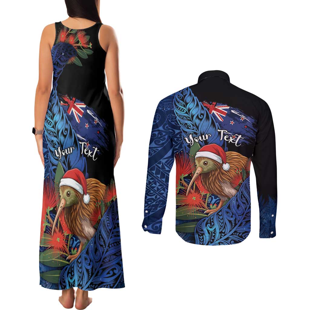 Personalised New Zealand Christmas Couples Matching Tank Maxi Dress and Long Sleeve Button Shirt Santa Kiwi Bird With Pohutukawa Flowers DT05 - Polynesian Pride