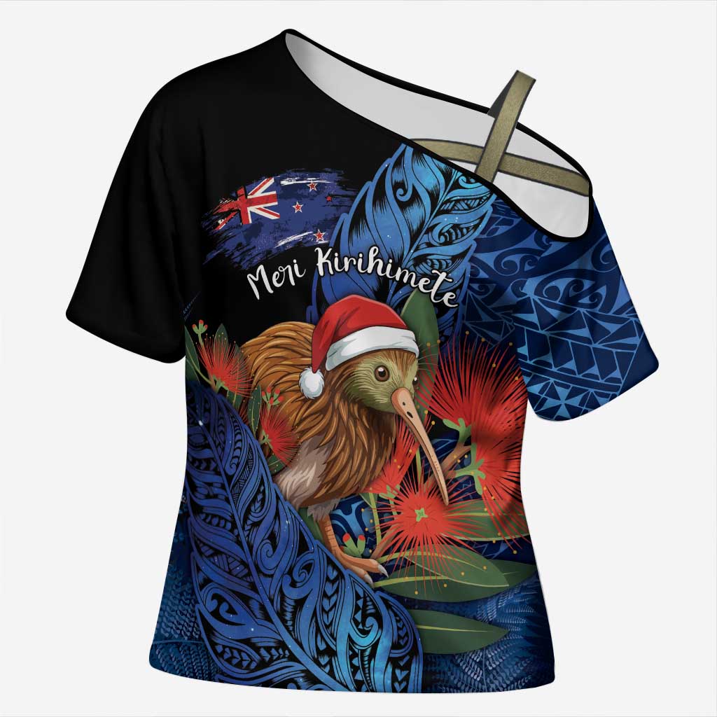 Personalised New Zealand Christmas Cross Shoulder Shirt Santa Kiwi Bird With Pohutukawa Flowers DT05 Female Navy - Polynesian Pride