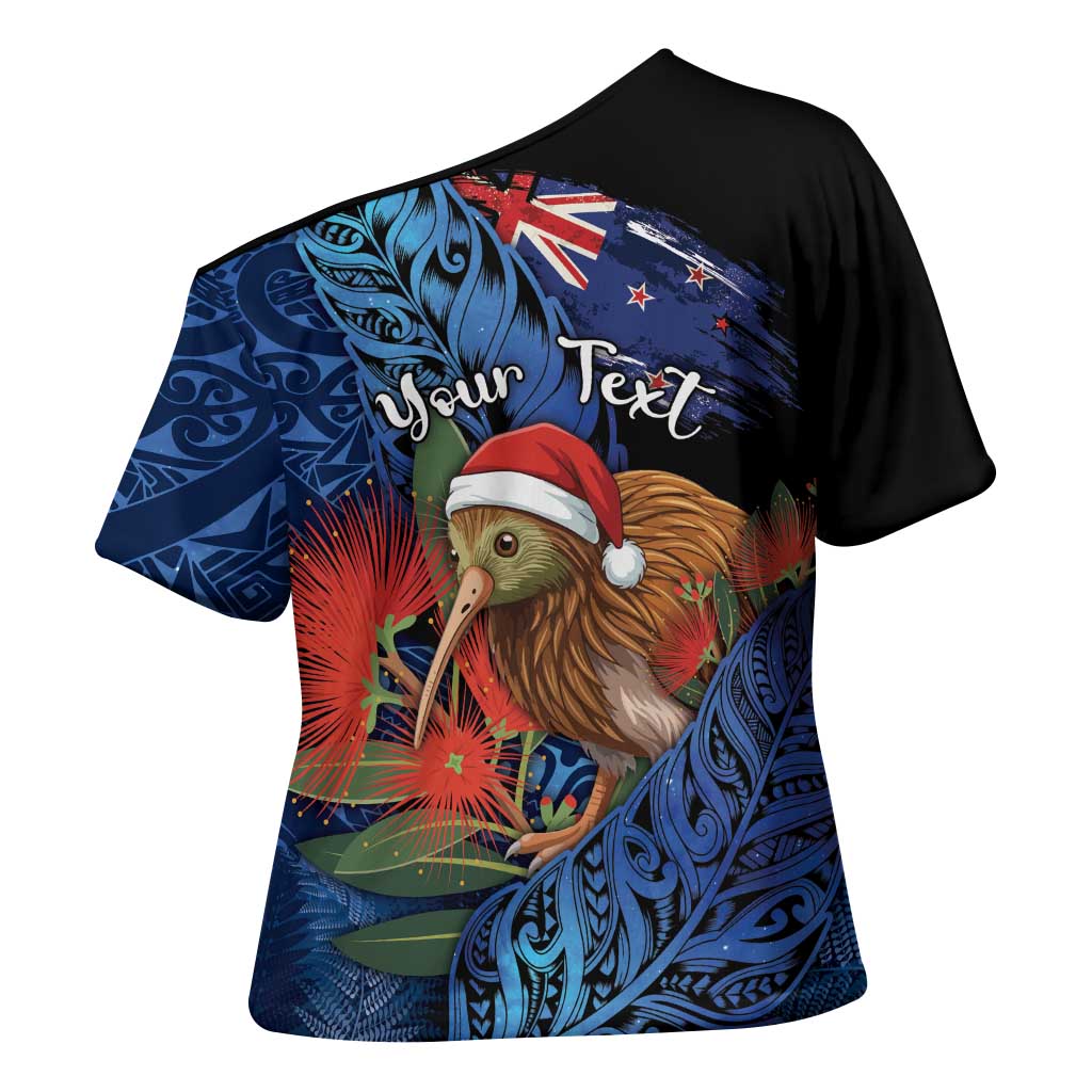 Personalised New Zealand Christmas Cross Shoulder Shirt Santa Kiwi Bird With Pohutukawa Flowers DT05 - Polynesian Pride