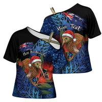 Personalised New Zealand Christmas Cross Shoulder Shirt Santa Kiwi Bird With Pohutukawa Flowers DT05 - Polynesian Pride
