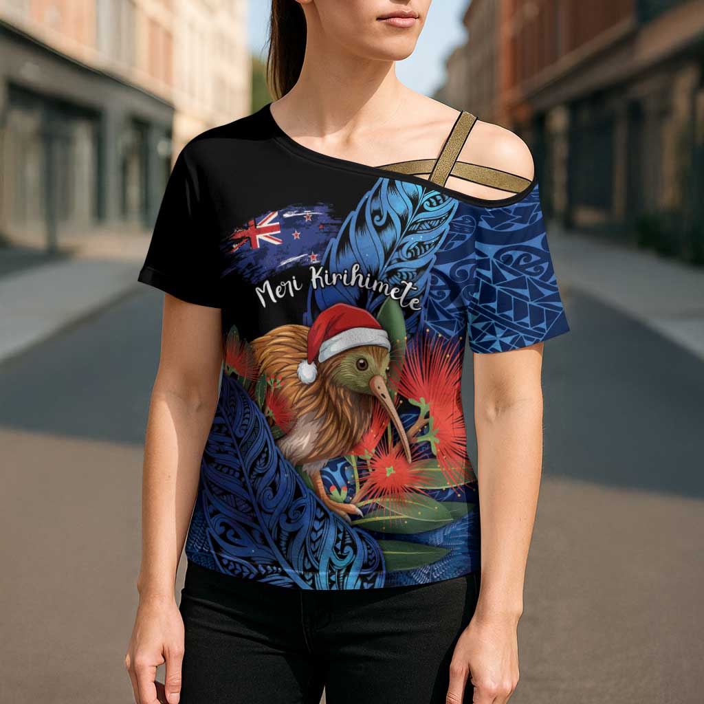 Personalised New Zealand Christmas Cross Shoulder Shirt Santa Kiwi Bird With Pohutukawa Flowers DT05 - Polynesian Pride