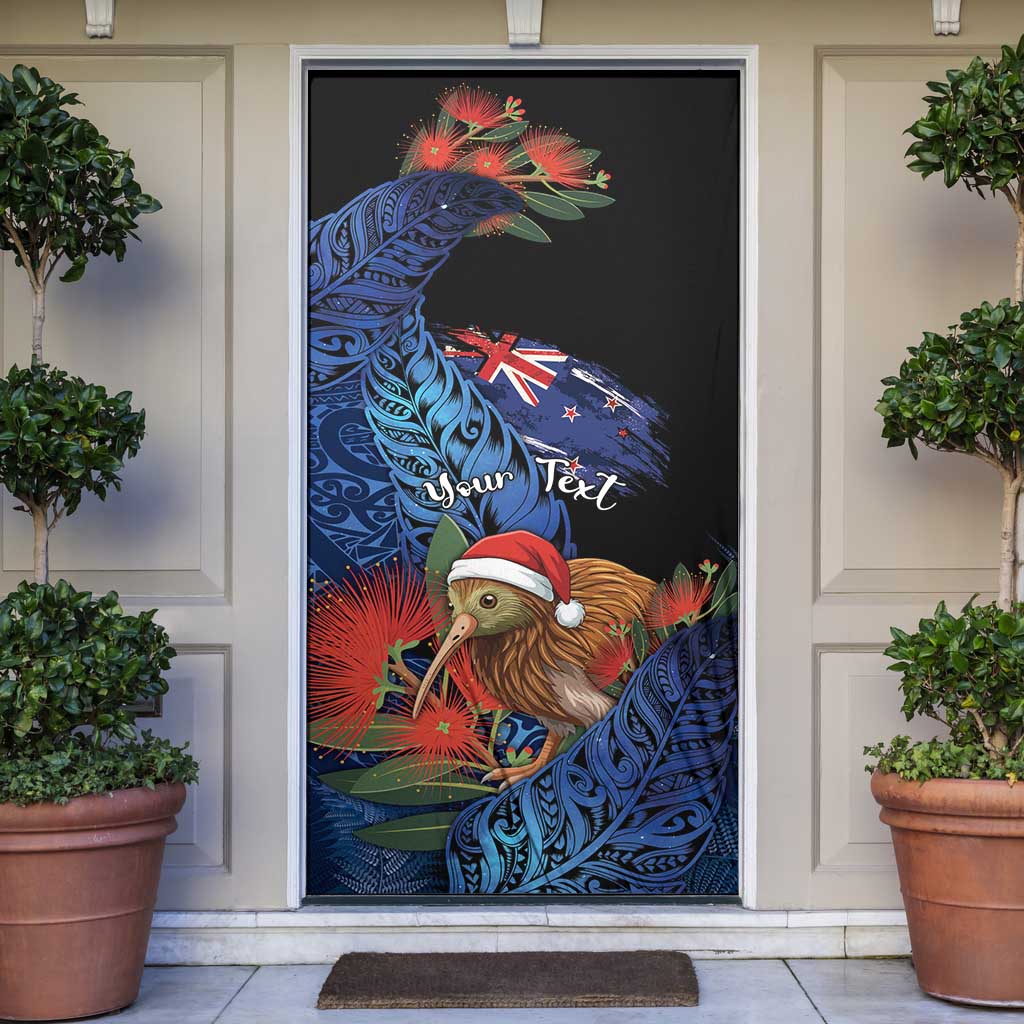 Personalised New Zealand Christmas Door Cover Santa Kiwi Bird With Pohutukawa Flowers DT05 Navy - Polynesian Pride