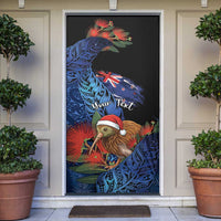 Personalised New Zealand Christmas Door Cover Santa Kiwi Bird With Pohutukawa Flowers DT05 Navy - Polynesian Pride