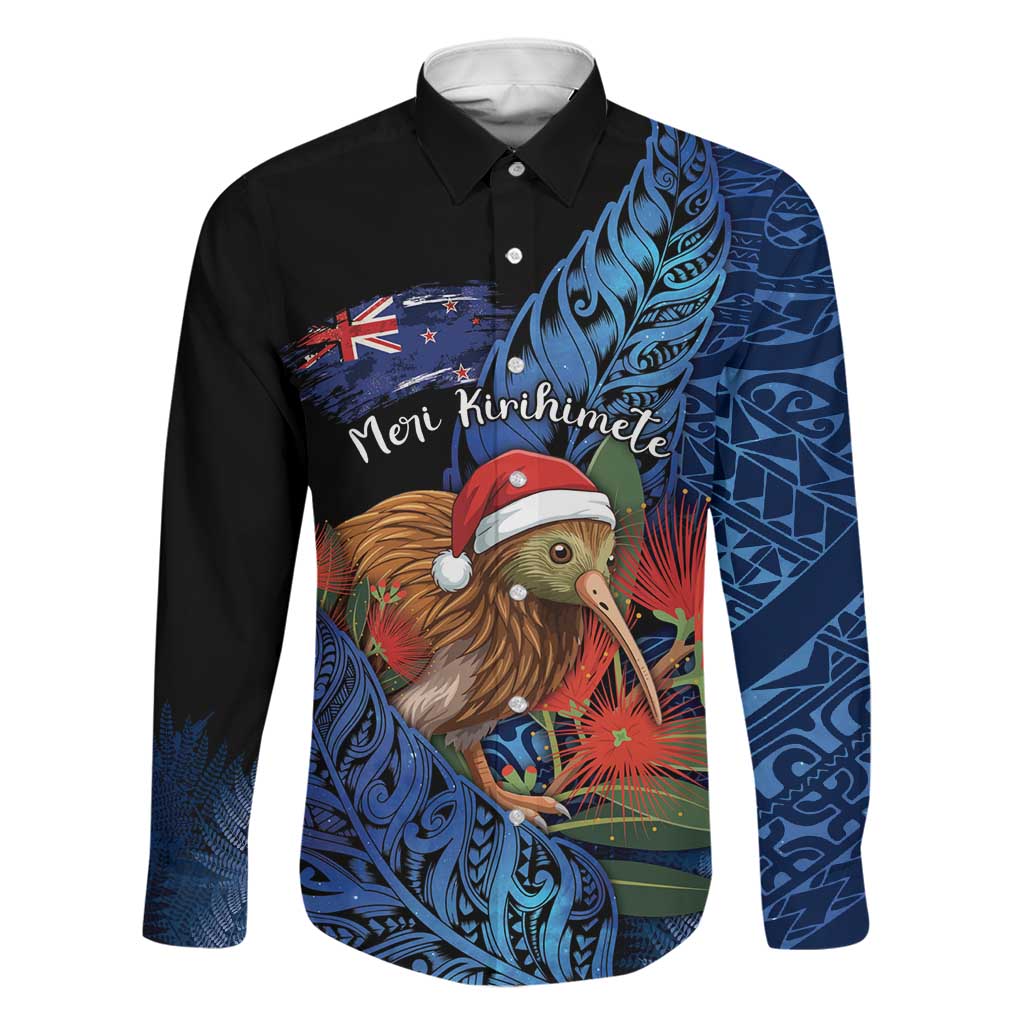 Personalised New Zealand Christmas Family Matching Long Sleeve Bodycon Dress and Hawaiian Shirt Santa Kiwi Bird With Pohutukawa Flowers DT05 Dad's Shirt - Long Sleeve Navy - Polynesian Pride