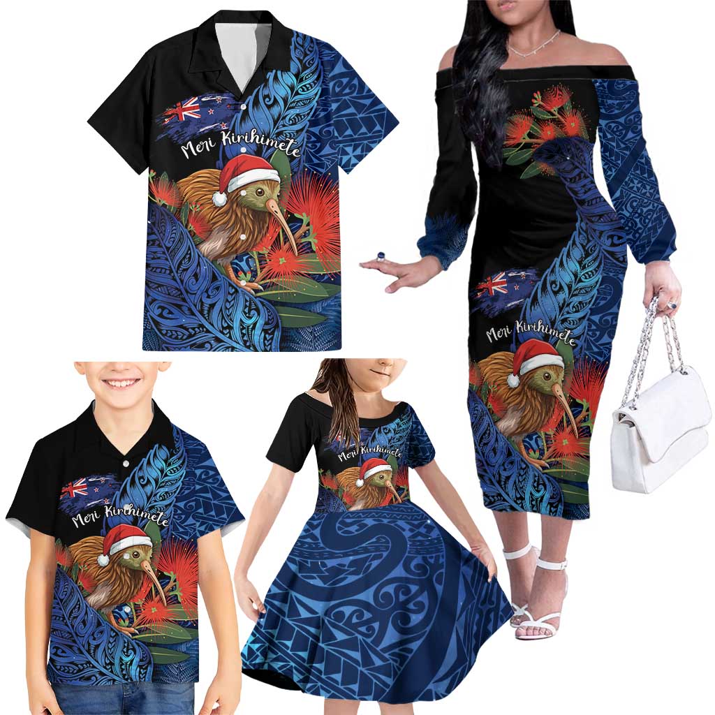 Personalised New Zealand Christmas Family Matching Off The Shoulder Long Sleeve Dress and Hawaiian Shirt Santa Kiwi Bird With Pohutukawa Flowers - Polynesian Pride