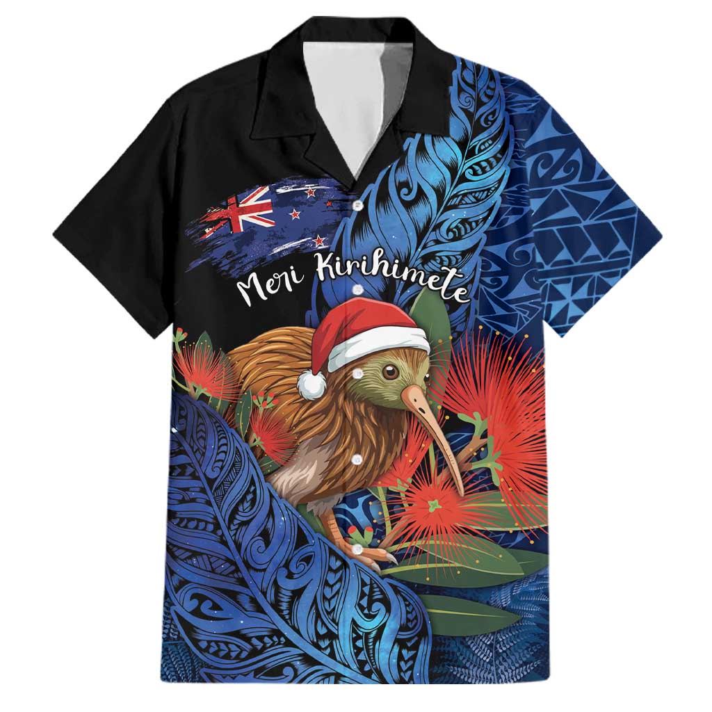 Personalised New Zealand Christmas Family Matching Off The Shoulder Long Sleeve Dress and Hawaiian Shirt Santa Kiwi Bird With Pohutukawa Flowers DT05 Dad's Shirt - Short Sleeve Navy - Polynesian Pride