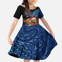 Personalised New Zealand Christmas Family Matching Off Shoulder Maxi Dress and Hawaiian Shirt Santa Kiwi Bird With Pohutukawa Flowers DT05 Daughter's Dress Navy - Polynesian Pride