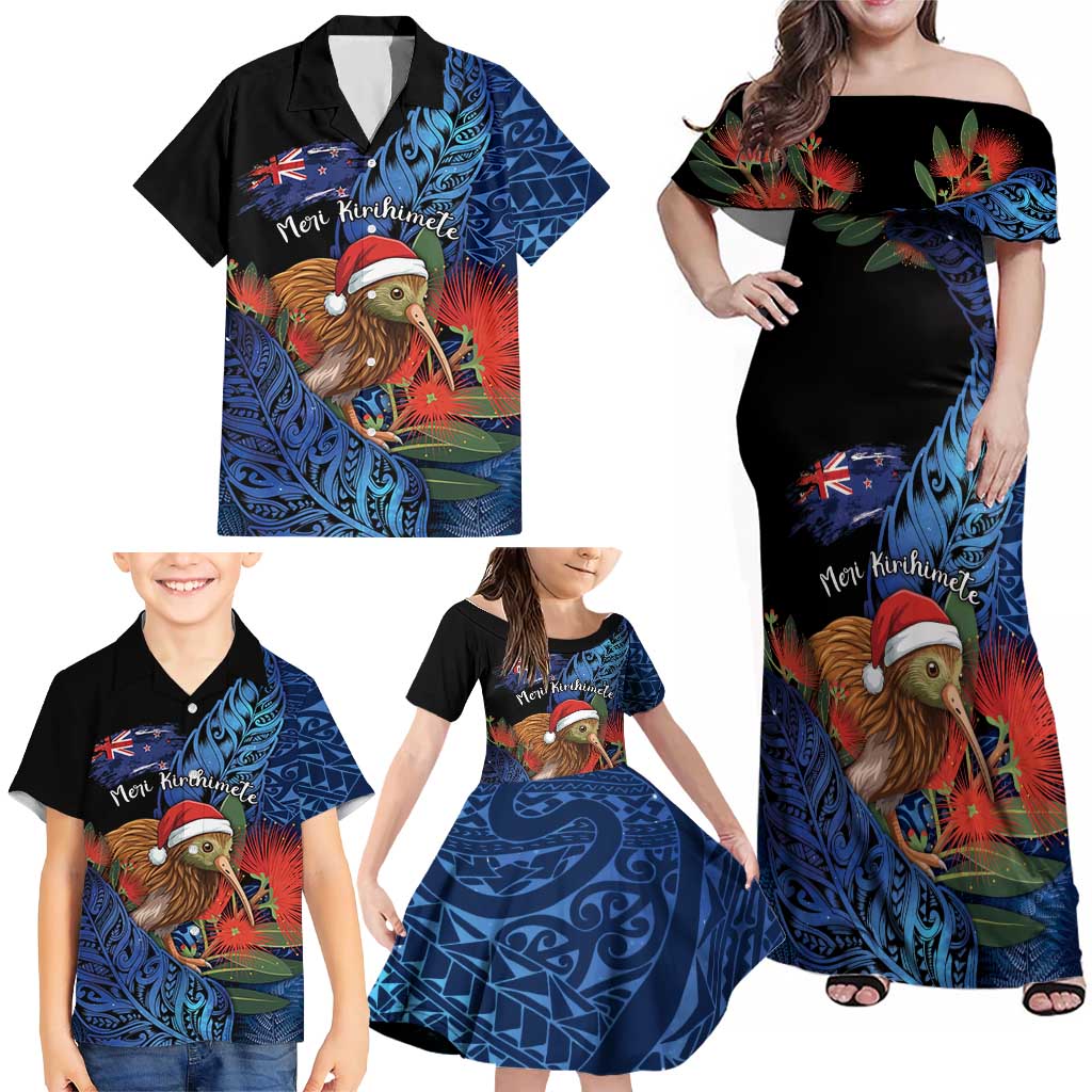 Personalised New Zealand Christmas Family Matching Off Shoulder Maxi Dress and Hawaiian Shirt Santa Kiwi Bird With Pohutukawa Flowers DT05 - Polynesian Pride