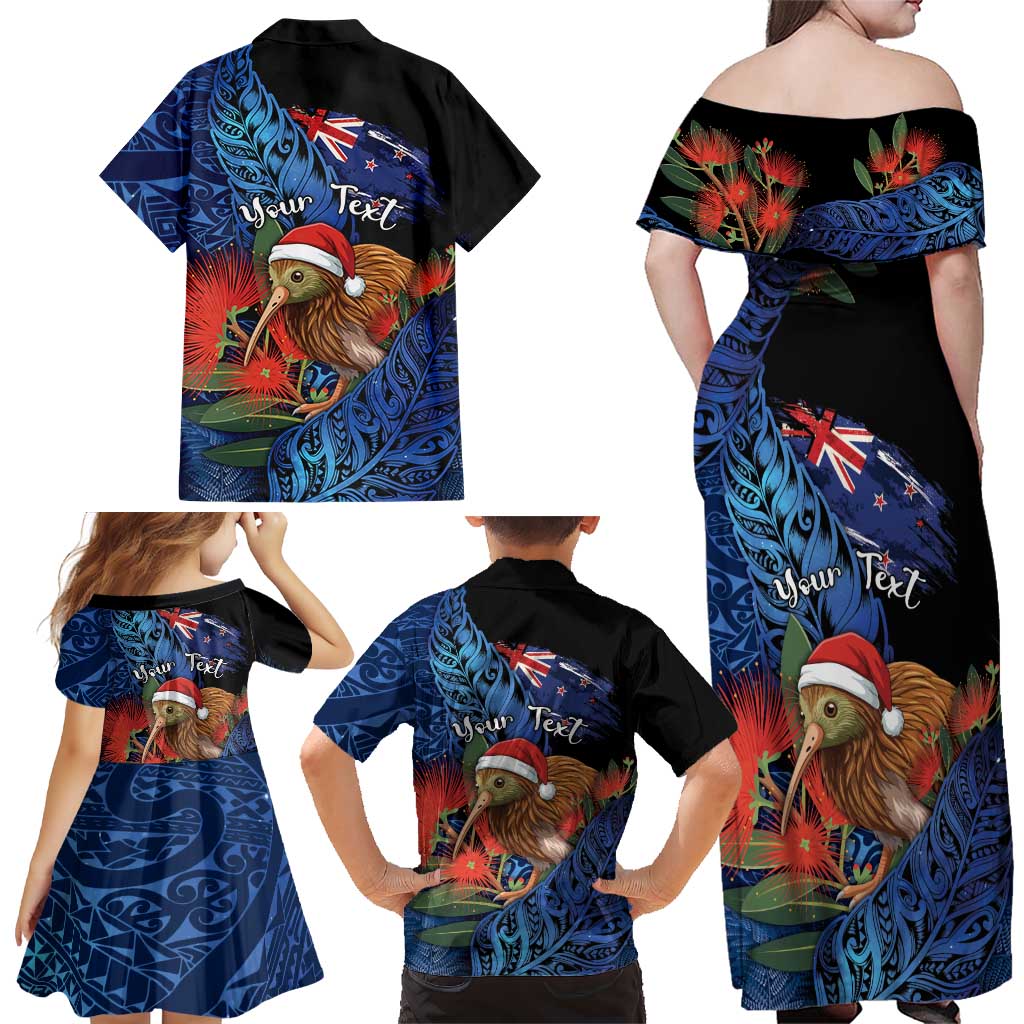 Personalised New Zealand Christmas Family Matching Off Shoulder Maxi Dress and Hawaiian Shirt Santa Kiwi Bird With Pohutukawa Flowers DT05 - Polynesian Pride