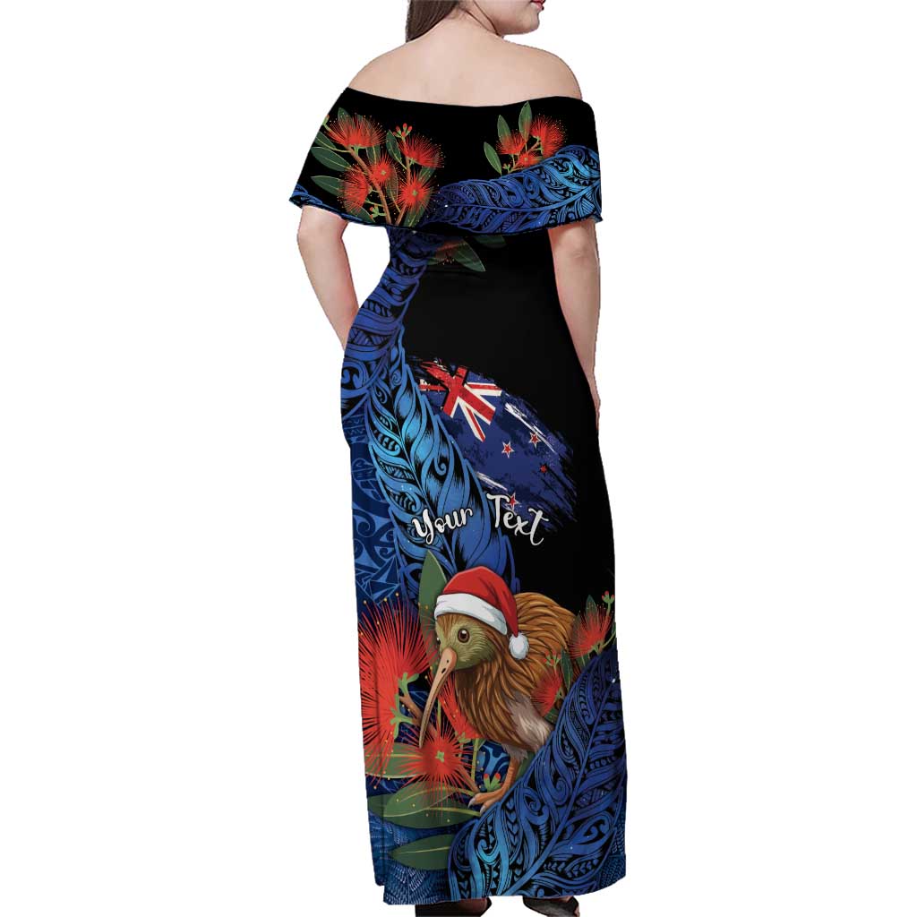 Personalised New Zealand Christmas Family Matching Off Shoulder Maxi Dress and Hawaiian Shirt Santa Kiwi Bird With Pohutukawa Flowers DT05 - Polynesian Pride