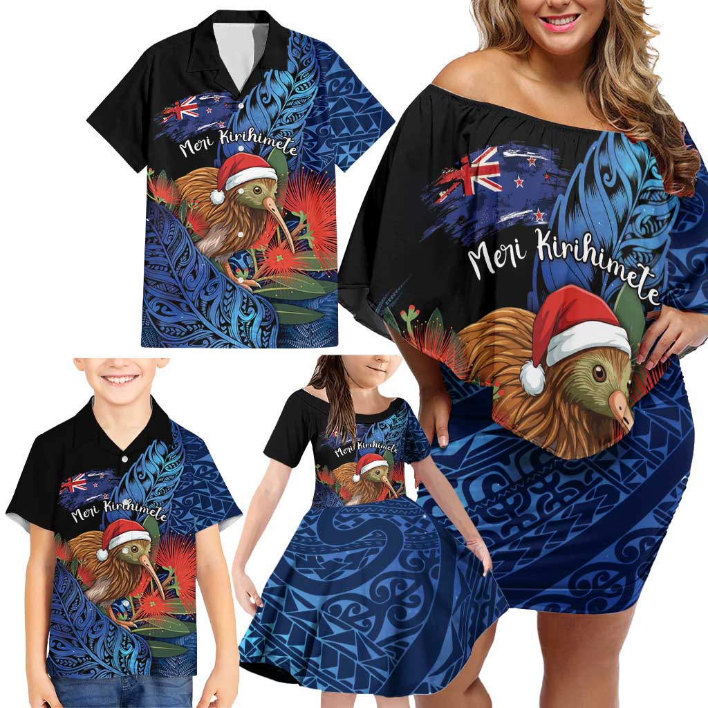 Personalised New Zealand Christmas Family Matching Off Shoulder Short Dress and Hawaiian Shirt Santa Kiwi Bird With Pohutukawa Flowers DT05 - Polynesian Pride