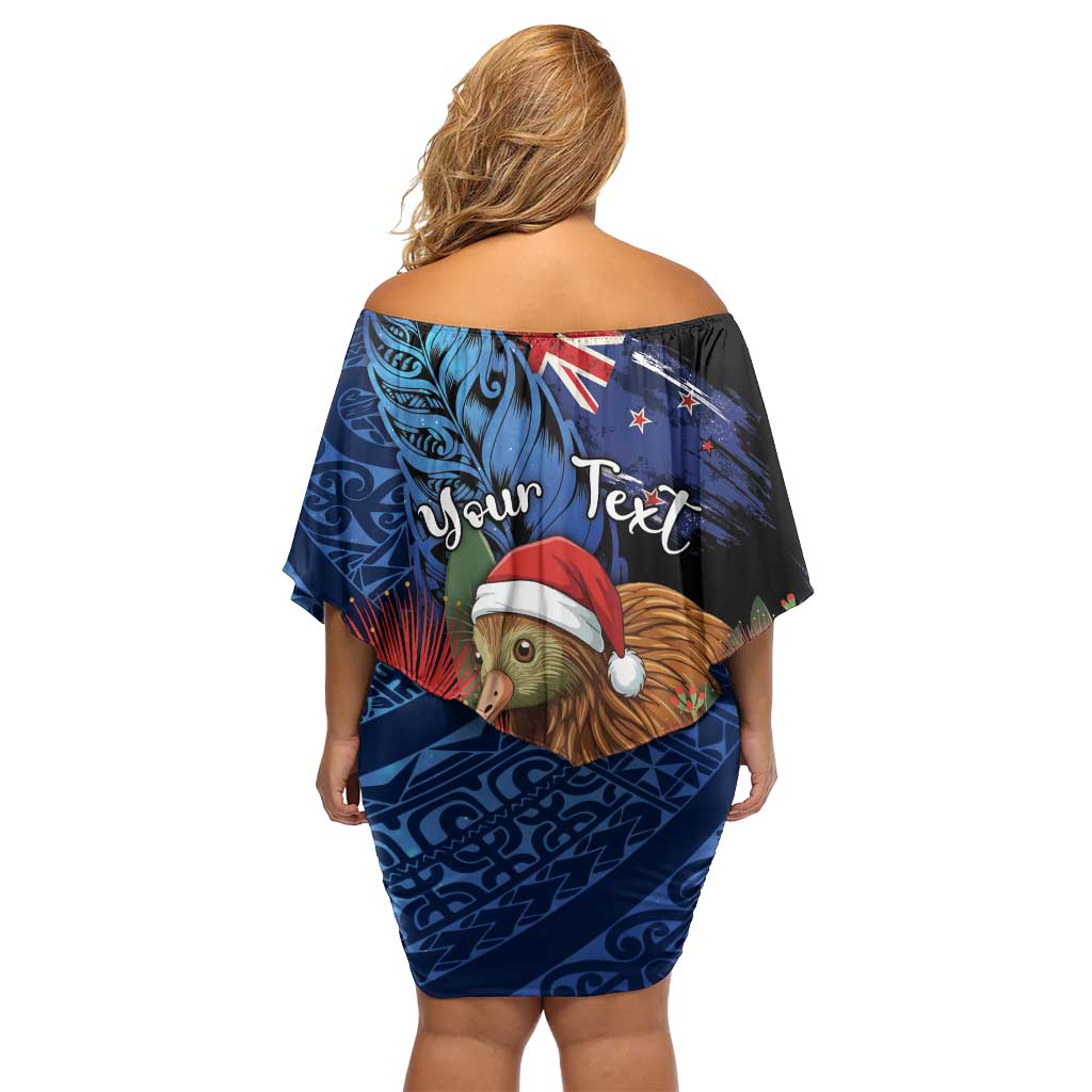Personalised New Zealand Christmas Family Matching Off Shoulder Short Dress and Hawaiian Shirt Santa Kiwi Bird With Pohutukawa Flowers DT05 - Polynesian Pride
