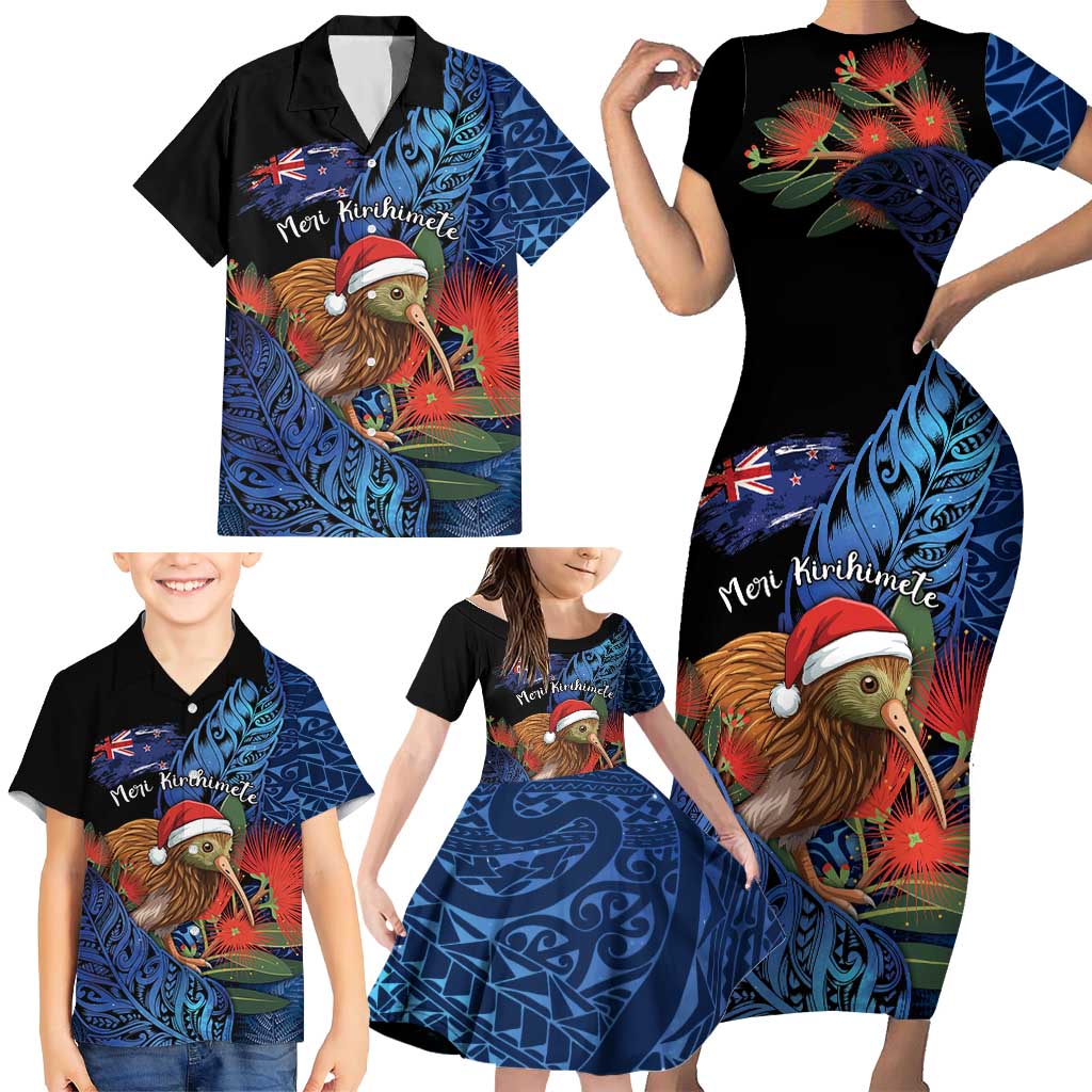Personalised New Zealand Christmas Family Matching Short Sleeve Bodycon Dress and Hawaiian Shirt Santa Kiwi Bird With Pohutukawa Flowers DT05 - Polynesian Pride