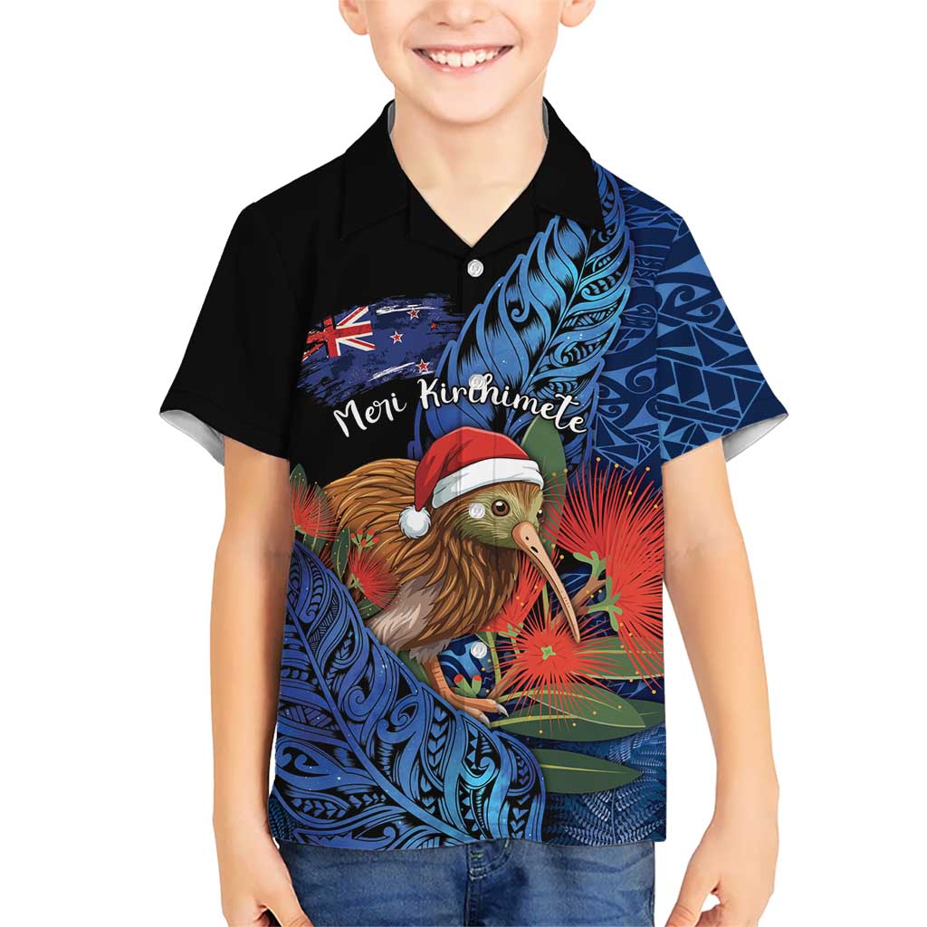 Personalised New Zealand Christmas Family Matching Short Sleeve Bodycon Dress and Hawaiian Shirt Santa Kiwi Bird With Pohutukawa Flowers DT05 Son's Shirt Navy - Polynesian Pride