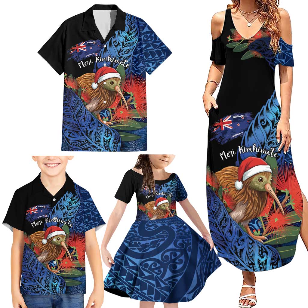 Personalised New Zealand Christmas Family Matching Summer Maxi Dress and Hawaiian Shirt Santa Kiwi Bird With Pohutukawa Flowers - Polynesian Pride