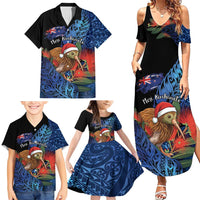 Personalised New Zealand Christmas Family Matching Summer Maxi Dress and Hawaiian Shirt Santa Kiwi Bird With Pohutukawa Flowers DT05 - Polynesian Pride