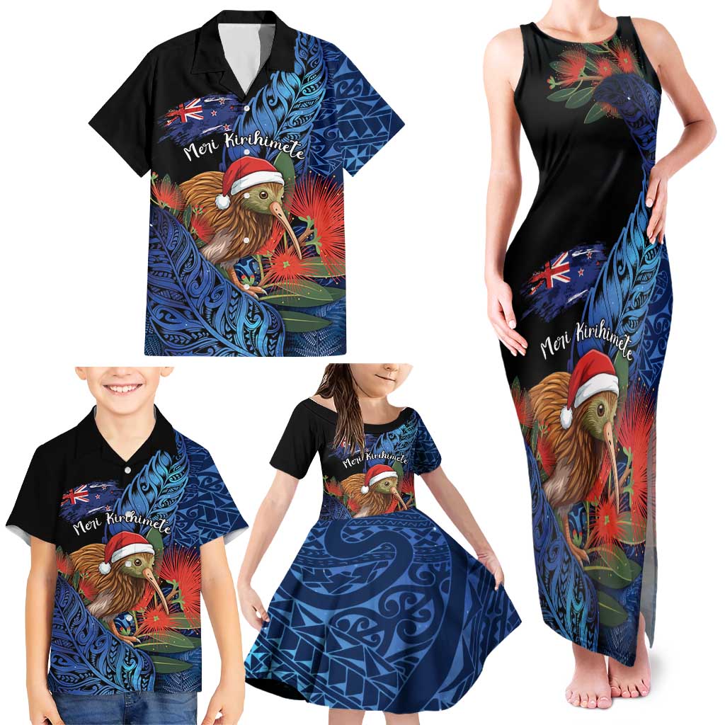 Personalised New Zealand Christmas Family Matching Tank Maxi Dress and Hawaiian Shirt Santa Kiwi Bird With Pohutukawa Flowers - Polynesian Pride