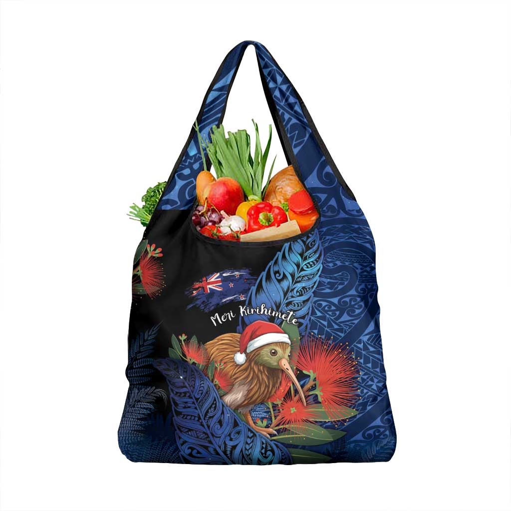 New Zealand Christmas Grocery Bag Santa Kiwi Bird With Pohutukawa Flowers DT05 1-pack One Size Navy - Polynesian Pride