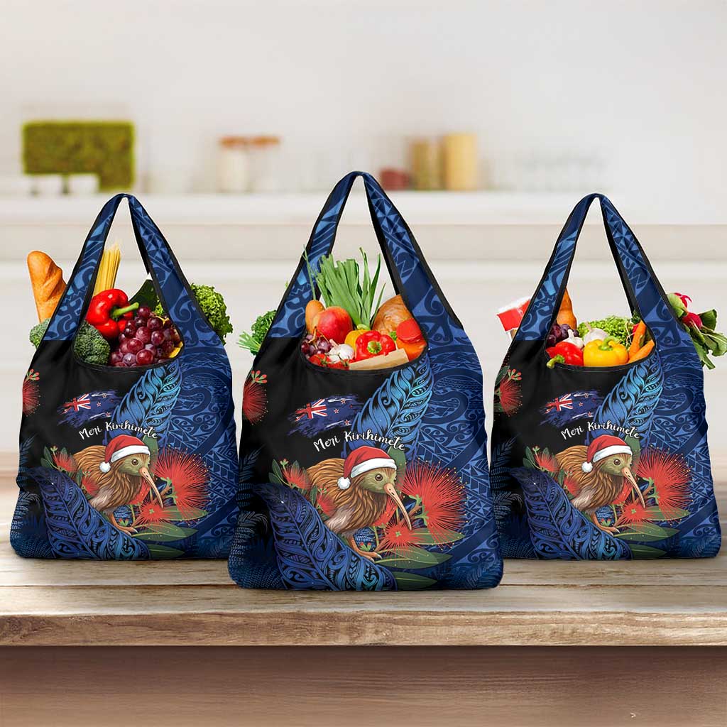 New Zealand Christmas Grocery Bag Santa Kiwi Bird With Pohutukawa Flowers DT05 3-pack One Size Navy - Polynesian Pride