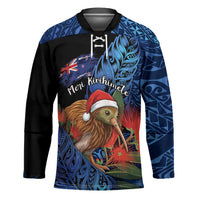 Personalised New Zealand Christmas Hockey Jersey Santa Kiwi Bird With Pohutukawa Flowers DT05 Unisex Navy - Polynesian Pride