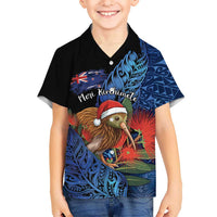 Personalised New Zealand Christmas Kid Hawaiian Shirt Santa Kiwi Bird With Pohutukawa Flowers DT05 Kid Navy - Polynesian Pride