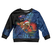 Personalised New Zealand Christmas Kid Ugly Christmas Sweater Santa Kiwi Bird With Pohutukawa Flowers DT05 Kid Navy - Polynesian Pride