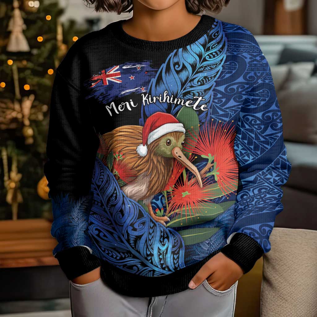 Personalised New Zealand Christmas Kid Ugly Christmas Sweater Santa Kiwi Bird With Pohutukawa Flowers DT05 - Polynesian Pride