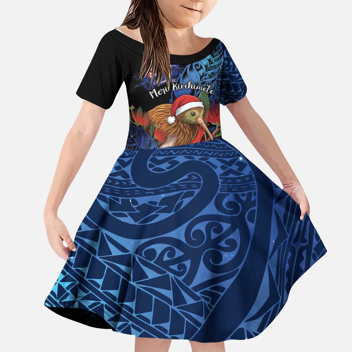 Personalised New Zealand Christmas Kid Short Sleeve Dress Santa Kiwi Bird With Pohutukawa Flowers DT05 KID Navy - Polynesian Pride