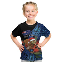 Personalised New Zealand Christmas Kid T Shirt Santa Kiwi Bird With Pohutukawa Flowers DT05 Navy - Polynesian Pride