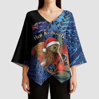 Personalised New Zealand Christmas Kimono Sleeve Blouse Santa Kiwi Bird With Pohutukawa Flowers DT05 - Polynesian Pride