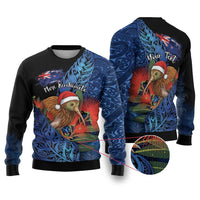 Personalised New Zealand Christmas Ugly Christmas Sweater Santa Kiwi Bird With Pohutukawa Flowers DT05 Navy - Polynesian Pride