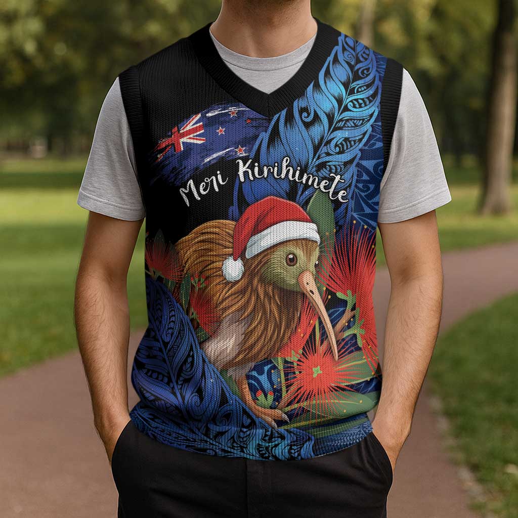 Personalised New Zealand Christmas Knitted V-Neck Vest Santa Kiwi Bird With Pohutukawa Flowers DT05 - Polynesian Pride