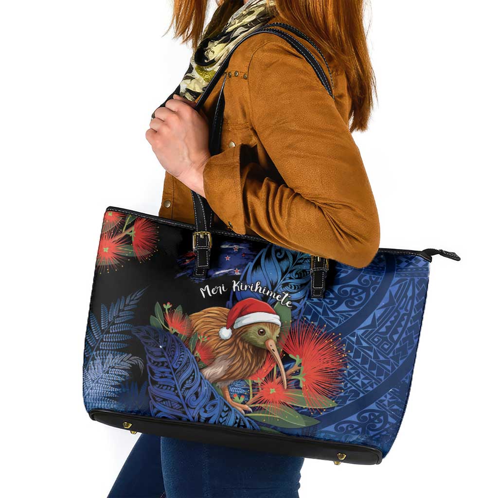New Zealand Christmas Leather Tote Bag Santa Kiwi Bird With Pohutukawa Flowers DT05 Navy - Polynesian Pride
