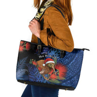 New Zealand Christmas Leather Tote Bag Santa Kiwi Bird With Pohutukawa Flowers DT05 Navy - Polynesian Pride