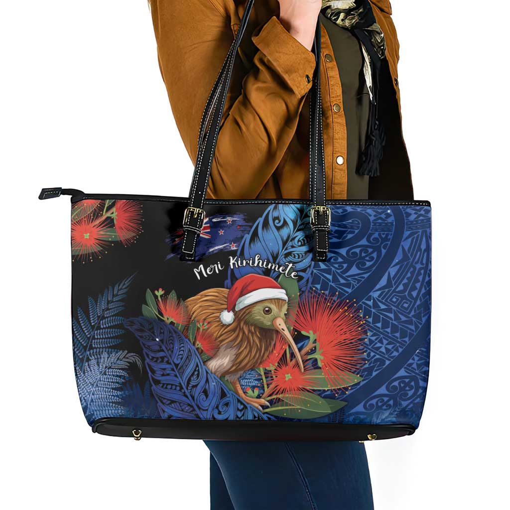 New Zealand Christmas Leather Tote Bag Santa Kiwi Bird With Pohutukawa Flowers DT05 - Polynesian Pride