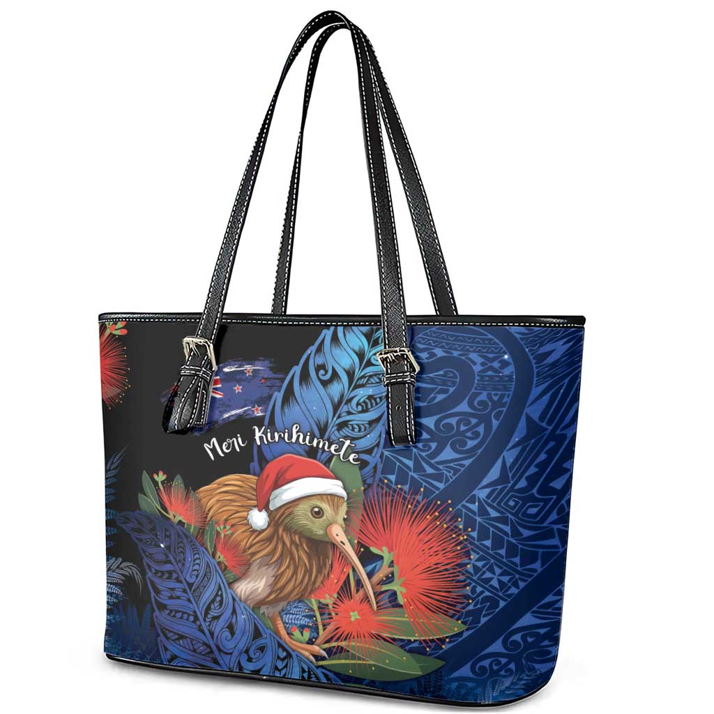 New Zealand Christmas Leather Tote Bag Santa Kiwi Bird With Pohutukawa Flowers DT05 - Polynesian Pride