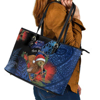 New Zealand Christmas Leather Tote Bag Santa Kiwi Bird With Pohutukawa Flowers DT05 - Polynesian Pride