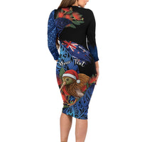 Personalised New Zealand Christmas Long Sleeve Bodycon Dress Santa Kiwi Bird With Pohutukawa Flowers DT05 - Polynesian Pride