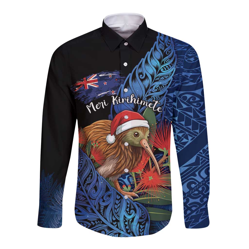 Personalised New Zealand Christmas Long Sleeve Button Shirt Santa Kiwi Bird With Pohutukawa Flowers DT05 Unisex Navy - Polynesian Pride