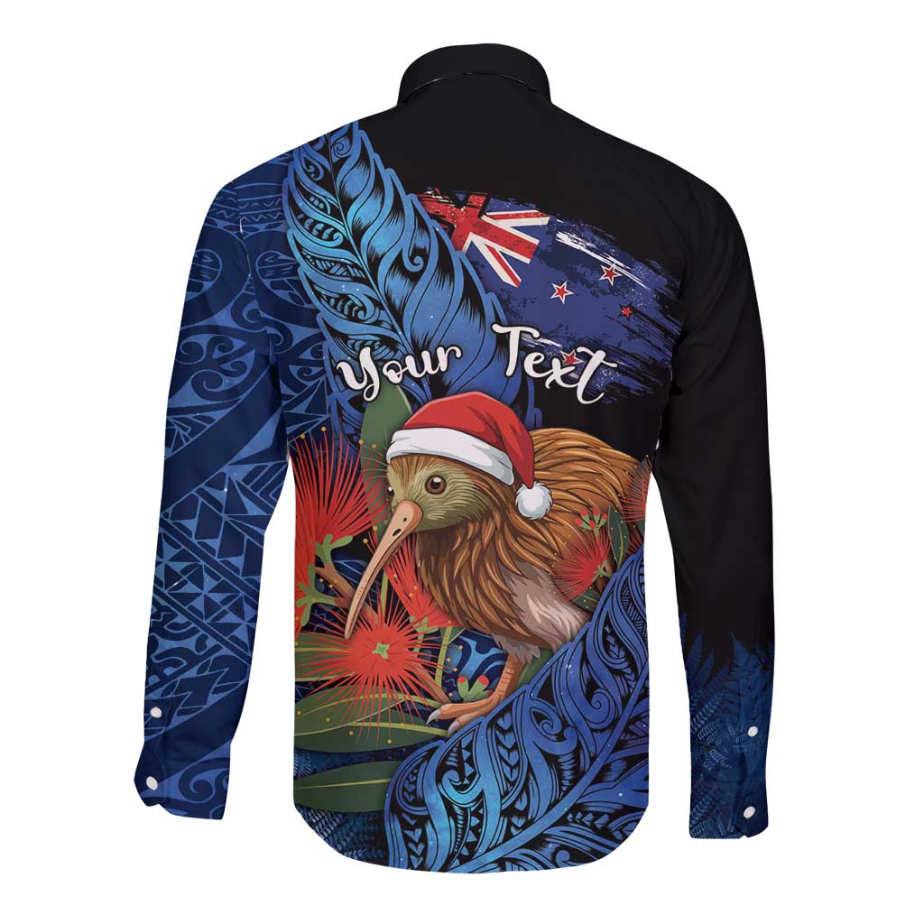 Personalised New Zealand Christmas Long Sleeve Button Shirt Santa Kiwi Bird With Pohutukawa Flowers DT05 - Polynesian Pride