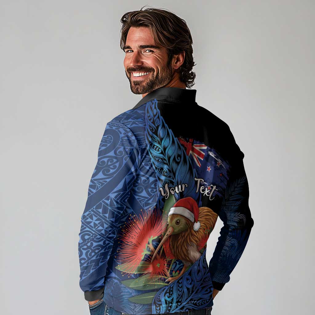 Personalised New Zealand Christmas Long Sleeve Polo Shirt Santa Kiwi Bird With Pohutukawa Flowers DT05 - Polynesian Pride